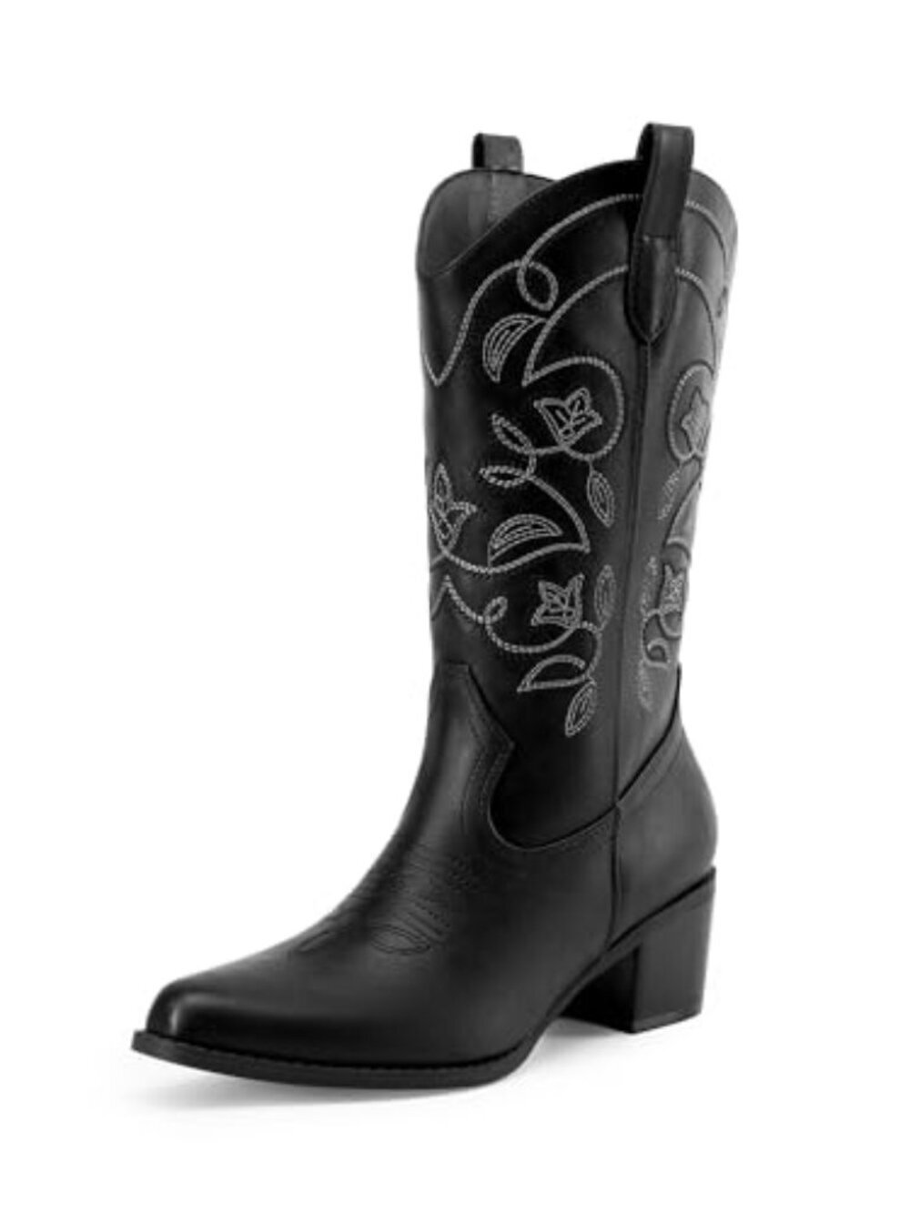 🆕 Womens Cowboy Boots Embroidery Western Cowgirl Boots V Cut Chunky H - Black